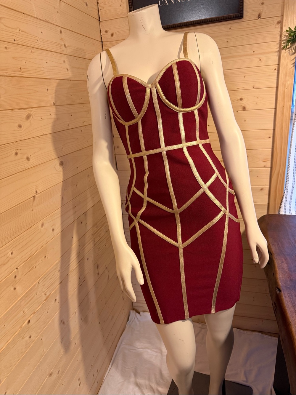 Gold-Trim Burgundy Bodycon Dress - Women